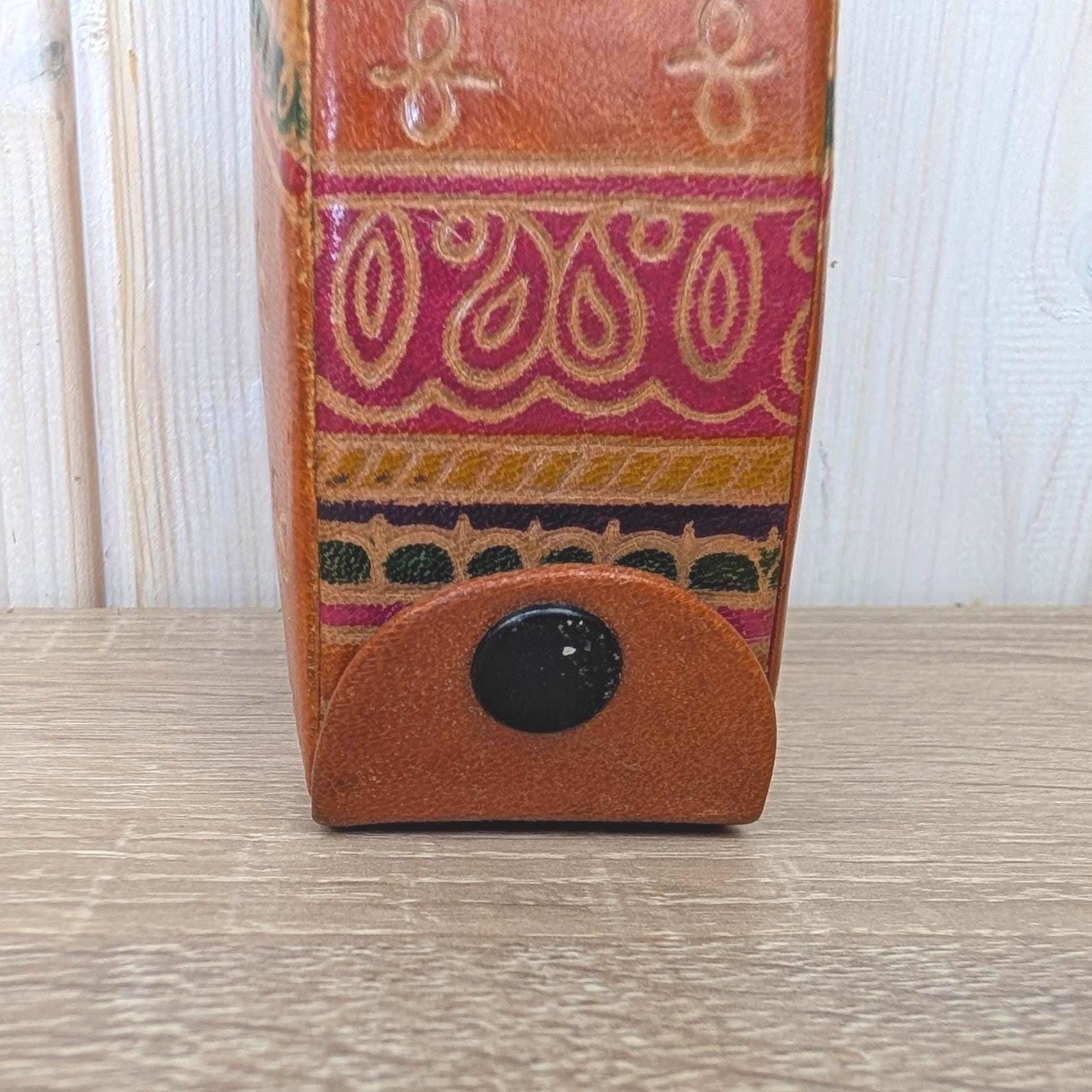 Coin Bank, Leather Cat, Tooled Painted Leather, Folk Art, Piggy Bank, Cat Figurine