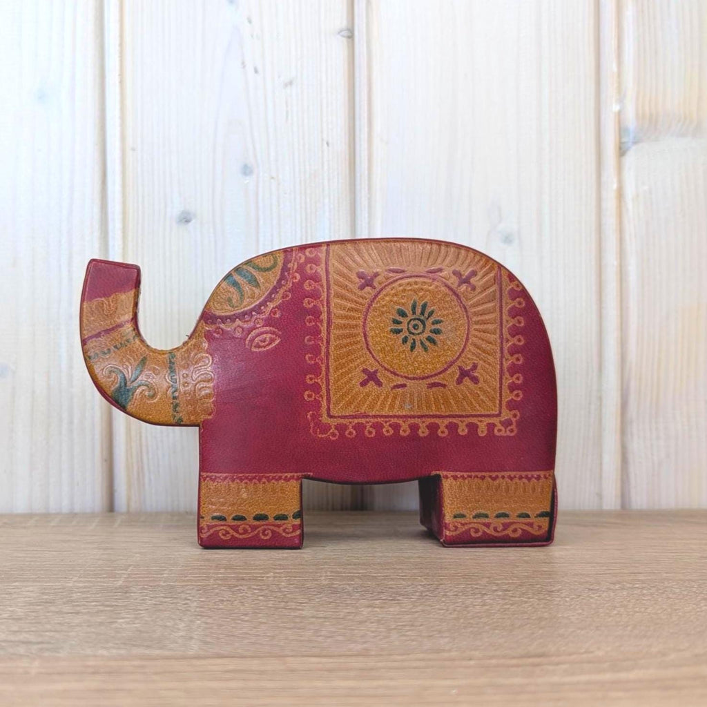 Coin Bank, Leather Elephant, Tooled Painted Leather, Folk Art, Piggy Bank, Trunk Up Lucky