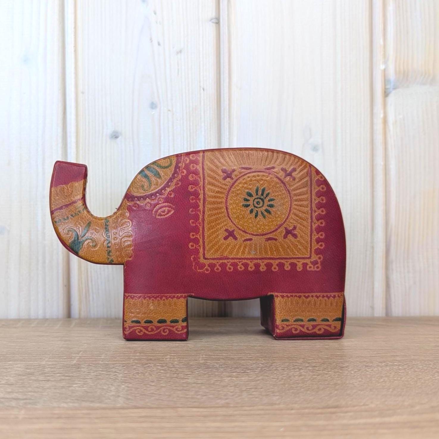 Coin Bank, Leather Elephant, Tooled Painted Leather, Folk Art, Piggy Bank, Trunk Up Lucky