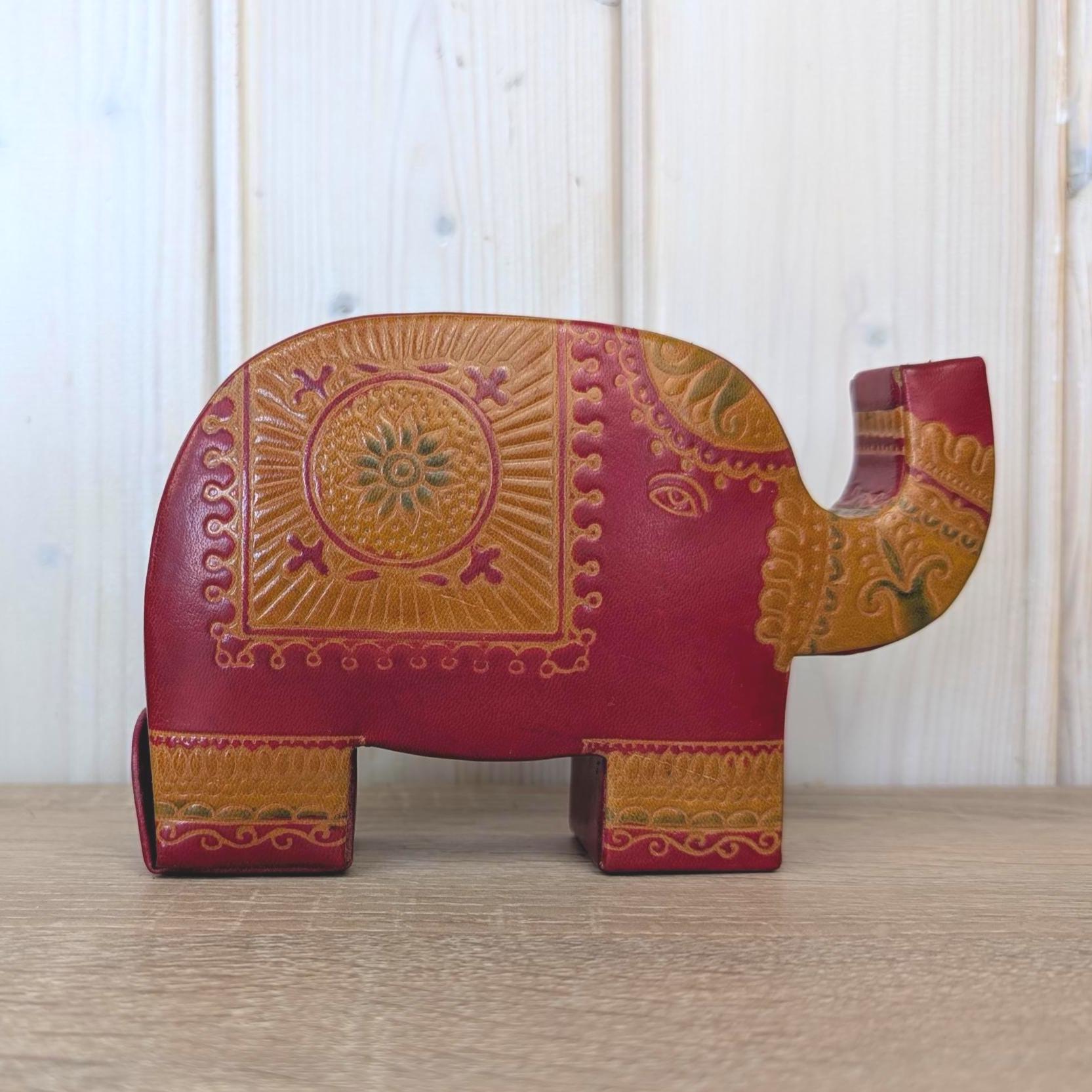 Coin Bank, Leather Elephant, Tooled Painted Leather, Folk Art, Piggy Bank, Trunk Up Lucky