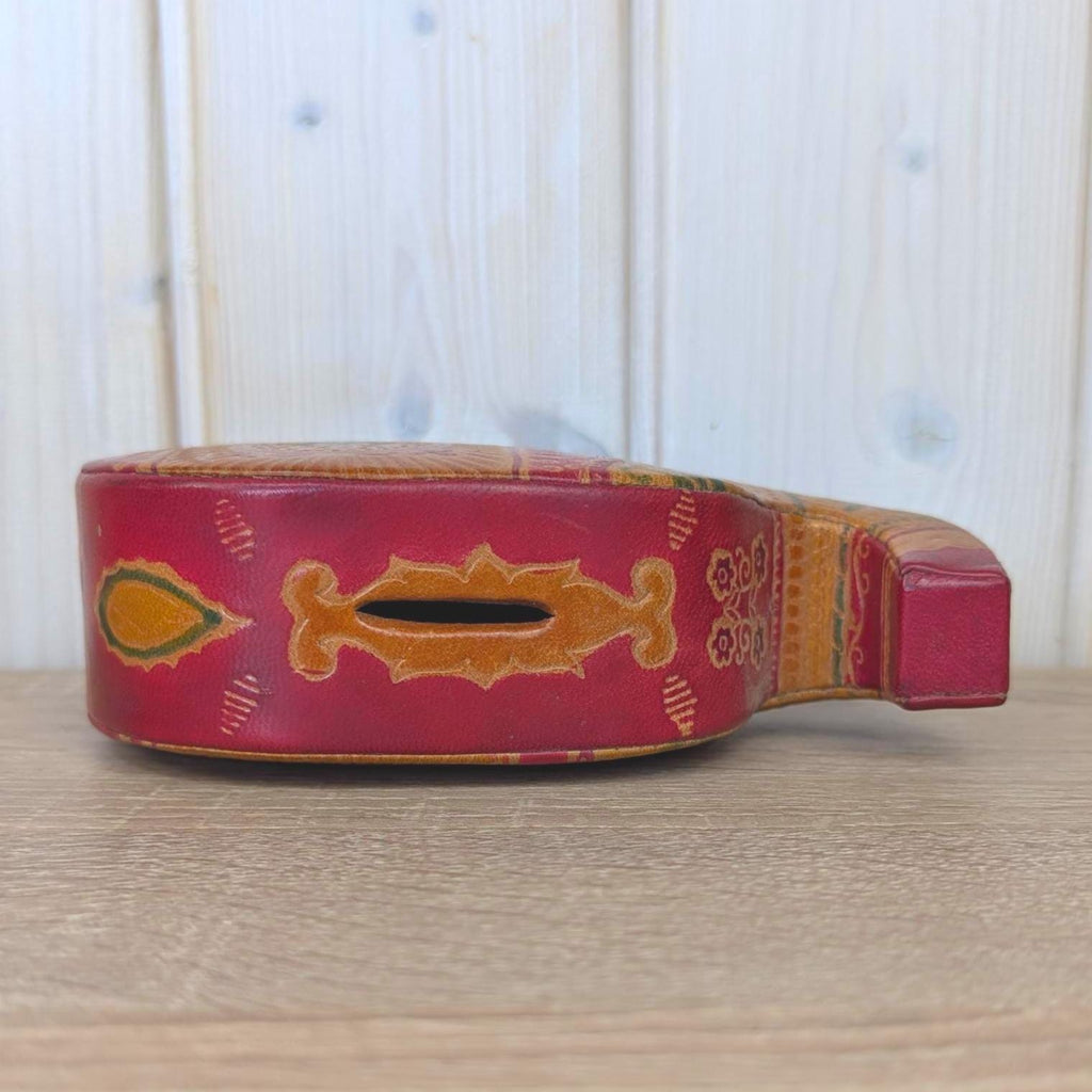 Coin Bank, Leather Elephant, Tooled Painted Leather, Folk Art, Piggy Bank, Trunk Up Lucky