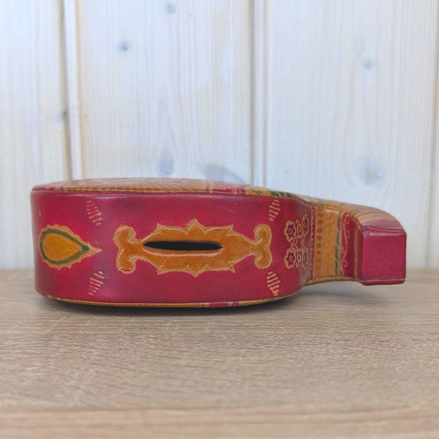 Coin Bank, Leather Elephant, Tooled Painted Leather, Folk Art, Piggy Bank, Trunk Up Lucky