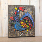 Ceramic Rooster Wall Plaque, Relief Folk Art, Chamotte Stoneware, Colourful Glazed Cockerel with Rose, Mid Century Wall Decor, 1960s 1970s
