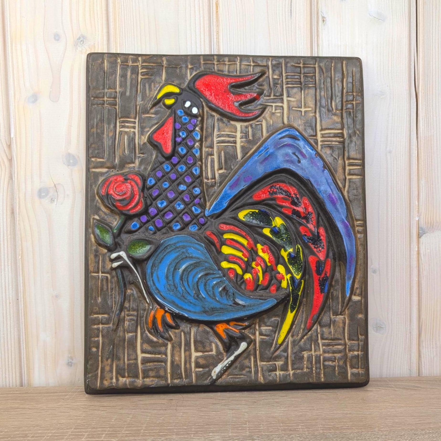 Ceramic Rooster Wall Plaque, Relief Folk Art, Chamotte Stoneware, Colourful Glazed Cockerel with Rose, Mid Century Wall Decor, 1960s 1970s