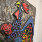 Ceramic Rooster Wall Plaque, Relief Folk Art, Chamotte Stoneware, Colourful Glazed Cockerel with Rose, Mid Century Wall Decor, 1960s 1970s