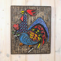 Ceramic Rooster Wall Plaque, Relief Folk Art, Chamotte Stoneware, Colourful Glazed Cockerel with Rose, Mid Century Wall Decor, 1960s 1970s
