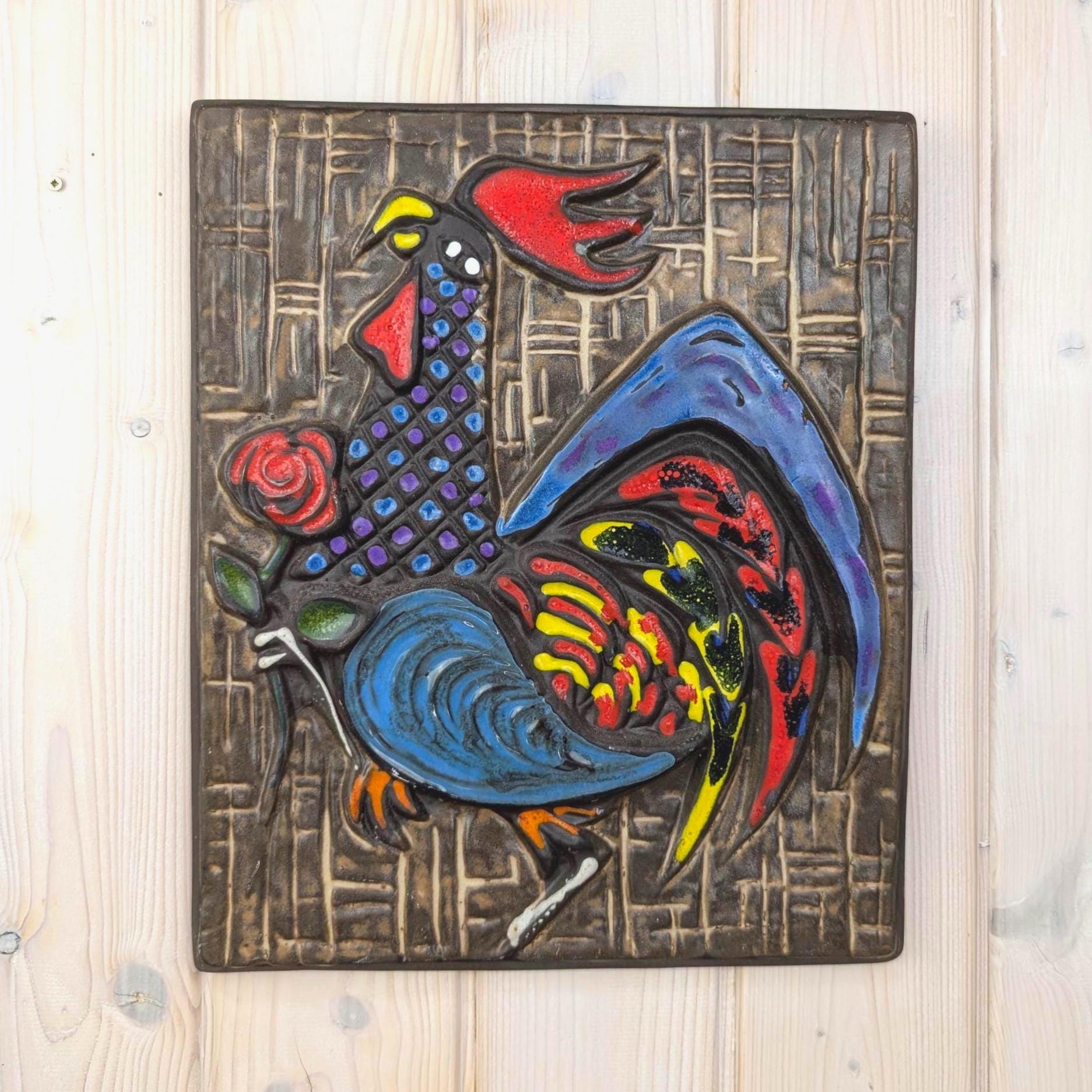Ceramic Rooster Wall Plaque, Relief Folk Art, Chamotte Stoneware, Colourful Glazed Cockerel with Rose, Mid Century Wall Decor, 1960s 1970s