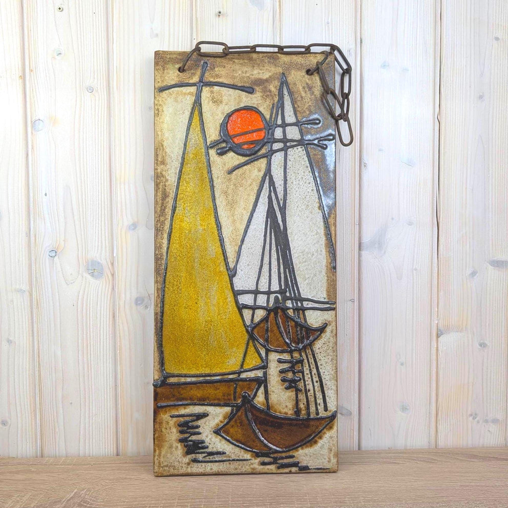 Ceramic Sailboat Wall Plaque, Nautical Relief, Glazed Stoneware, Sun Motif, Mid Century Wall Art, 1960s 1970s