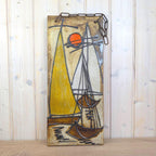 Ceramic Sailboat Wall Plaque, Nautical Relief, Glazed Stoneware, Sun Motif, Mid Century Wall Art, 1960s 1970s
