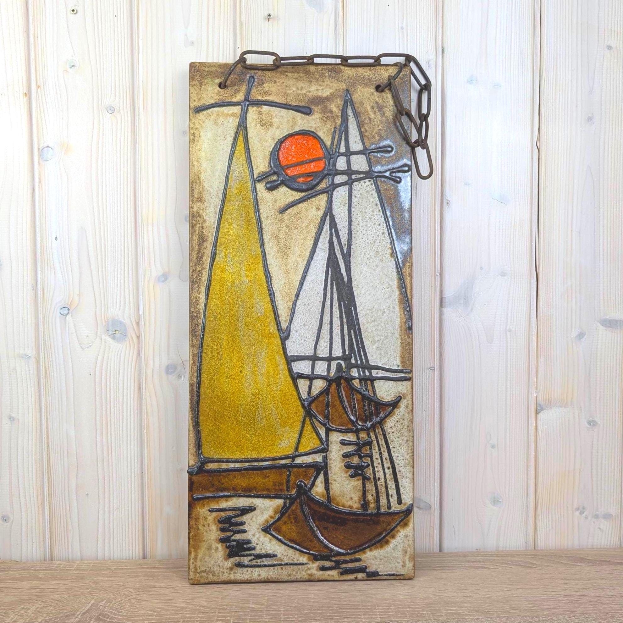 Ceramic Sailboat Wall Plaque, Nautical Relief, Glazed Stoneware, Sun Motif, Mid Century Wall Art, 1960s 1970s