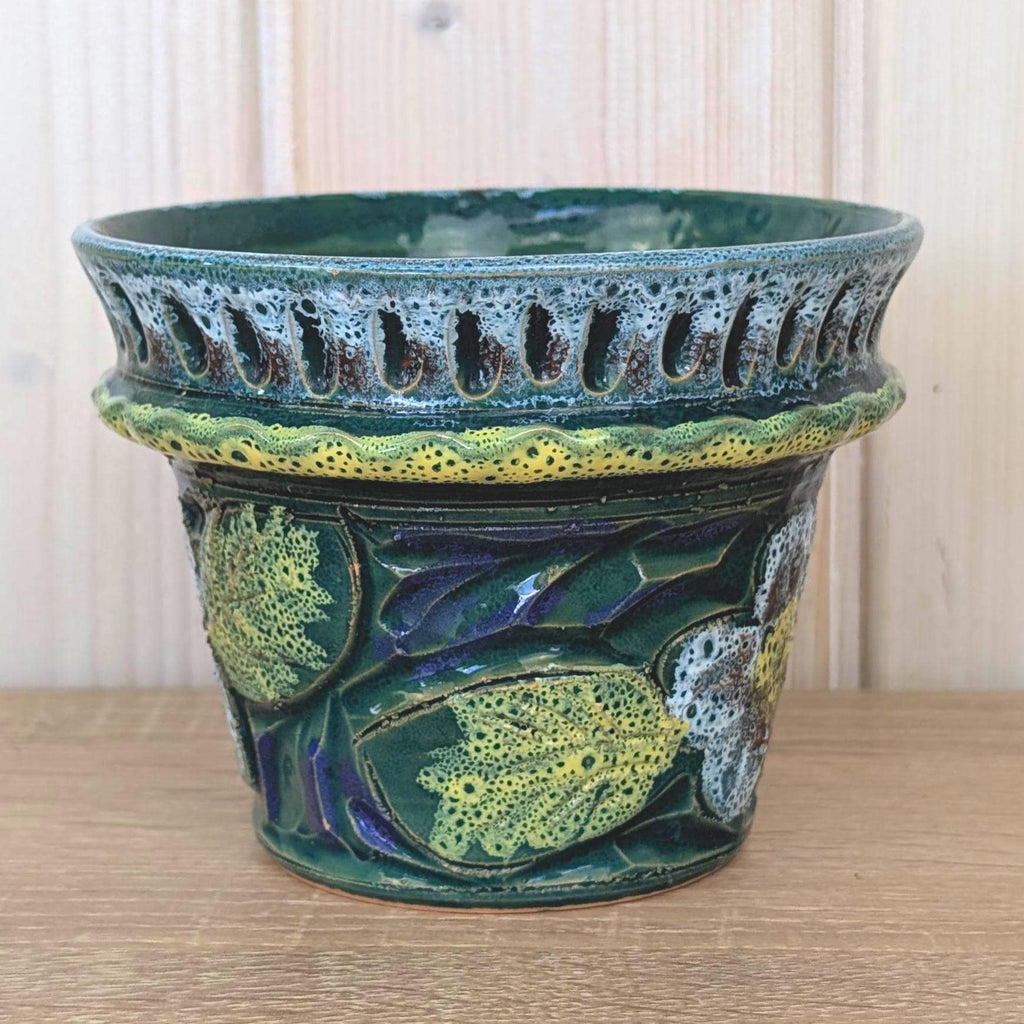 Nuovo Rinascimento Fat Lava Planter, Italian Ceramics, 1970s, Green Lava Glaze, Flower Pot