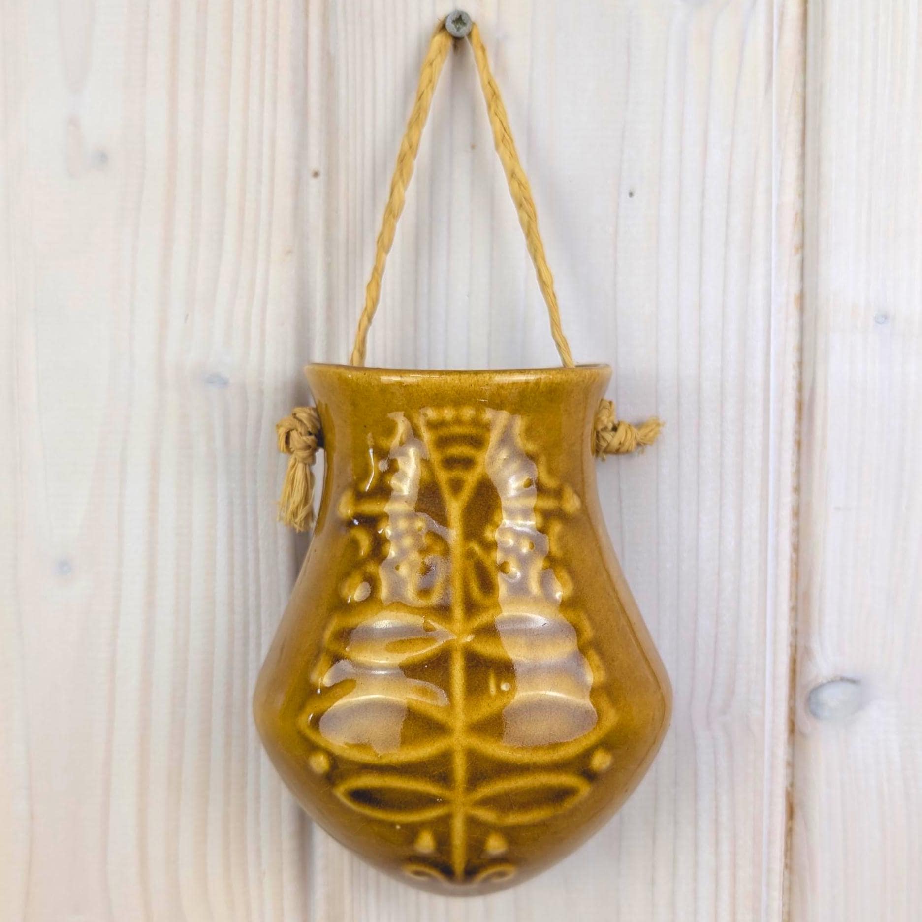Bay Keramik Wall Vase 336, West Germany, Mustard Yellow, 1960s, Raffia Cord, Hanging Vase