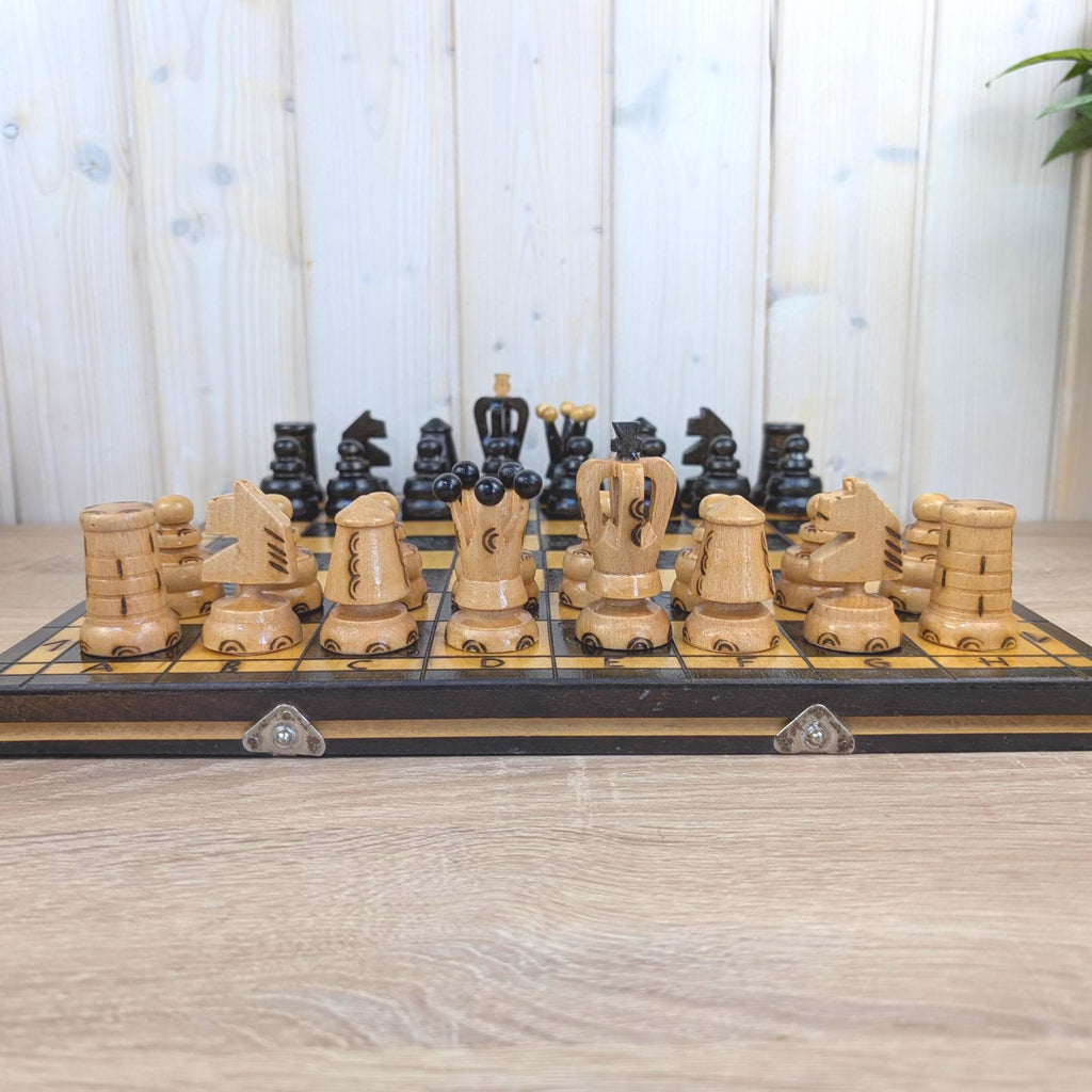 Handmade Wooden Chess Set, Folk Art Carved Pieces, Pyrography Board, Complete 32 Pieces, Storage Box