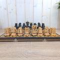 Handmade Wooden Chess Set, Folk Art Carved Pieces, Pyrography Board, Complete 32 Pieces, Storage Box