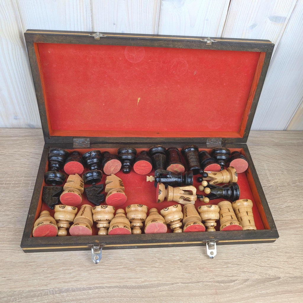 Handmade Wooden Chess Set, Folk Art Carved Pieces, Pyrography Board, Complete 32 Pieces, Storage Box