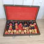 Handmade Wooden Chess Set, Folk Art Carved Pieces, Pyrography Board, Complete 32 Pieces, Storage Box