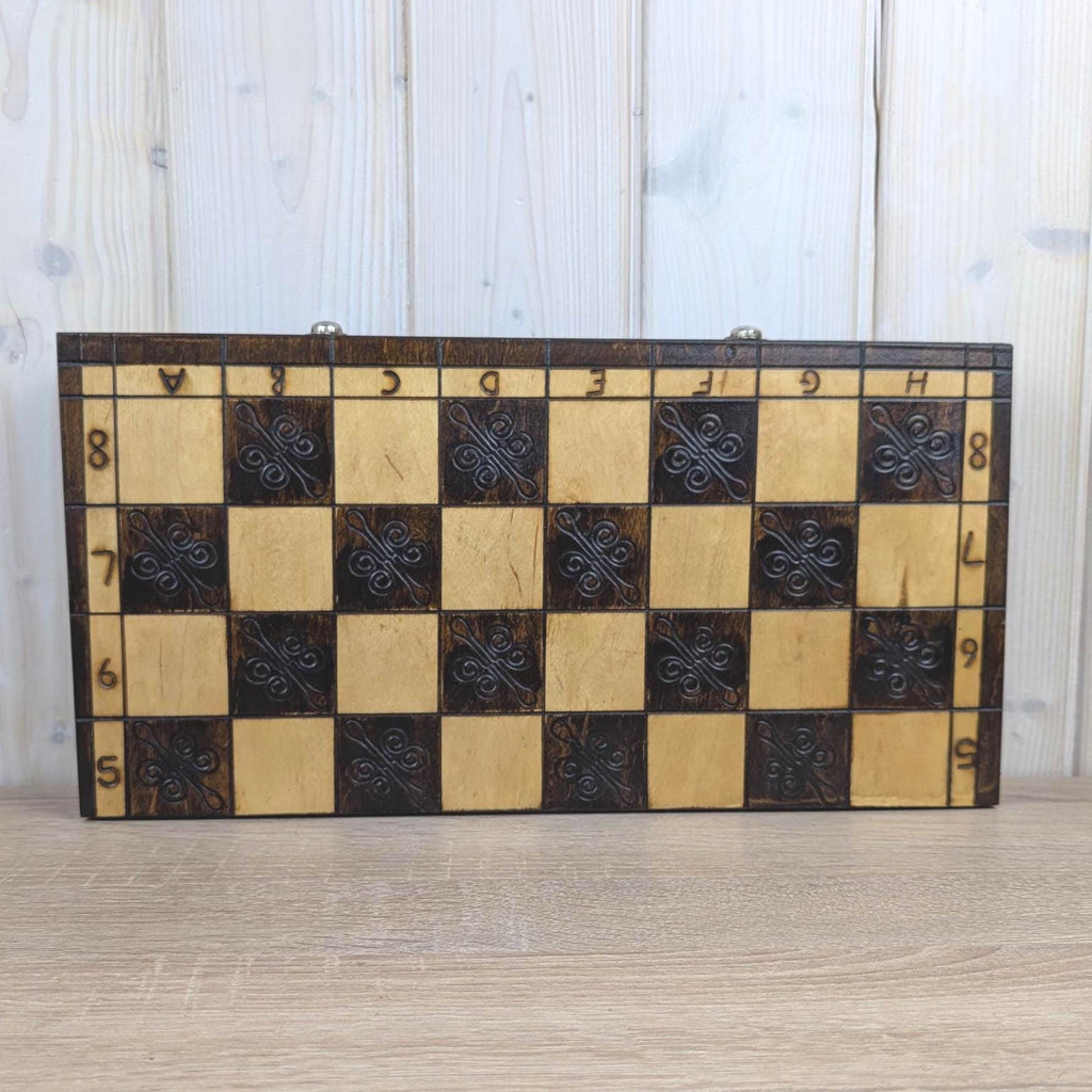Handmade Wooden Chess Set, Folk Art Carved Pieces, Pyrography Board, Complete 32 Pieces, Storage Box