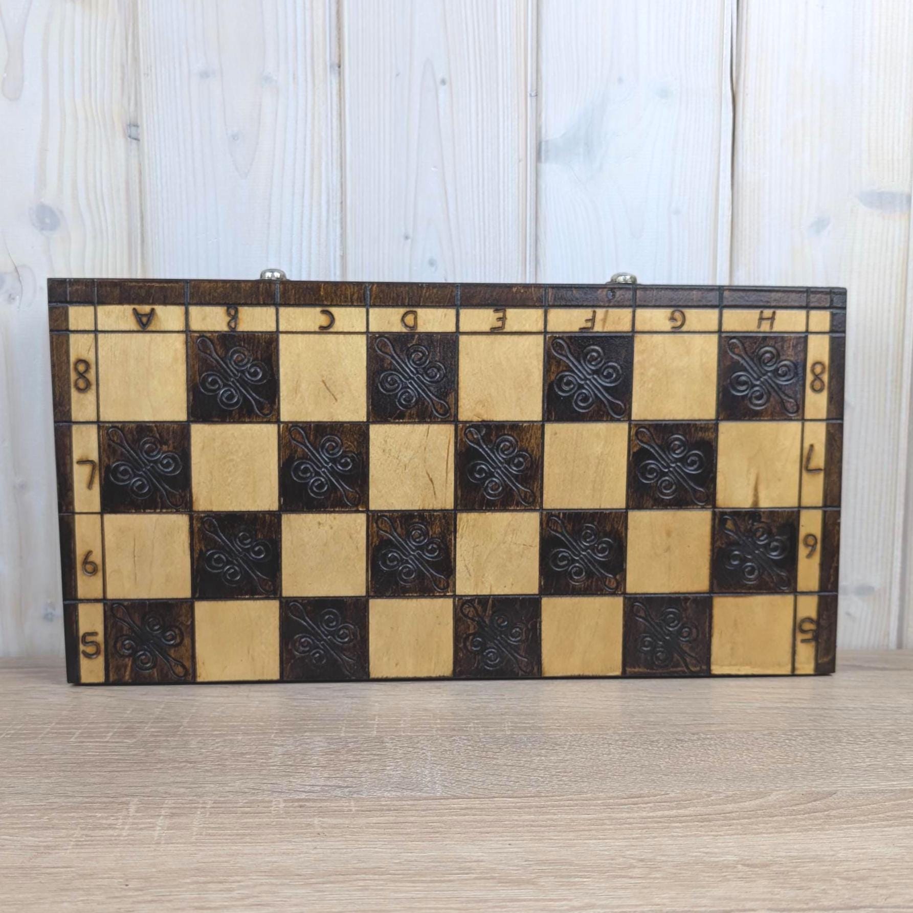 Handmade Wooden Chess Set, Folk Art Carved Pieces, Pyrography Board, Complete 32 Pieces, Storage Box