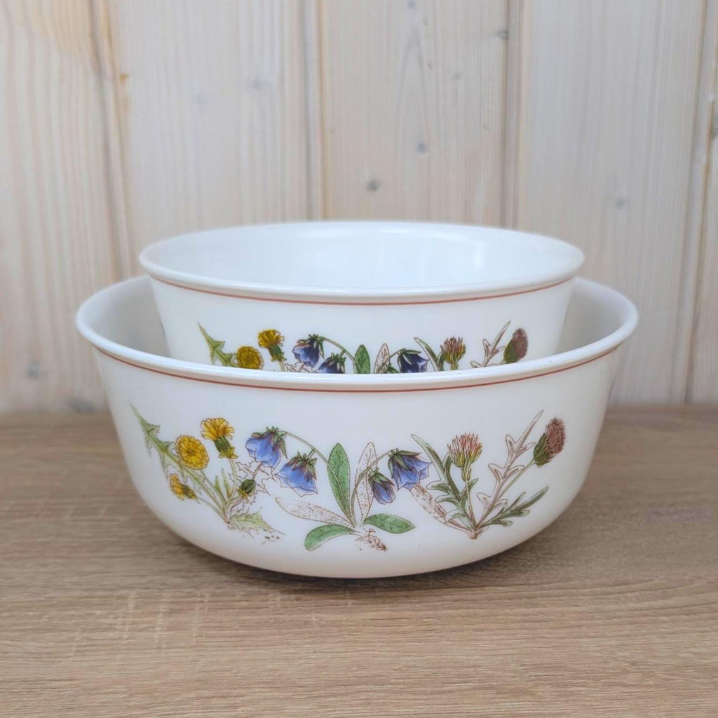Nesting Bowls, Arcopal France Set of Two, Wildflower Botanical Decor, Opal Glass, 1970s
