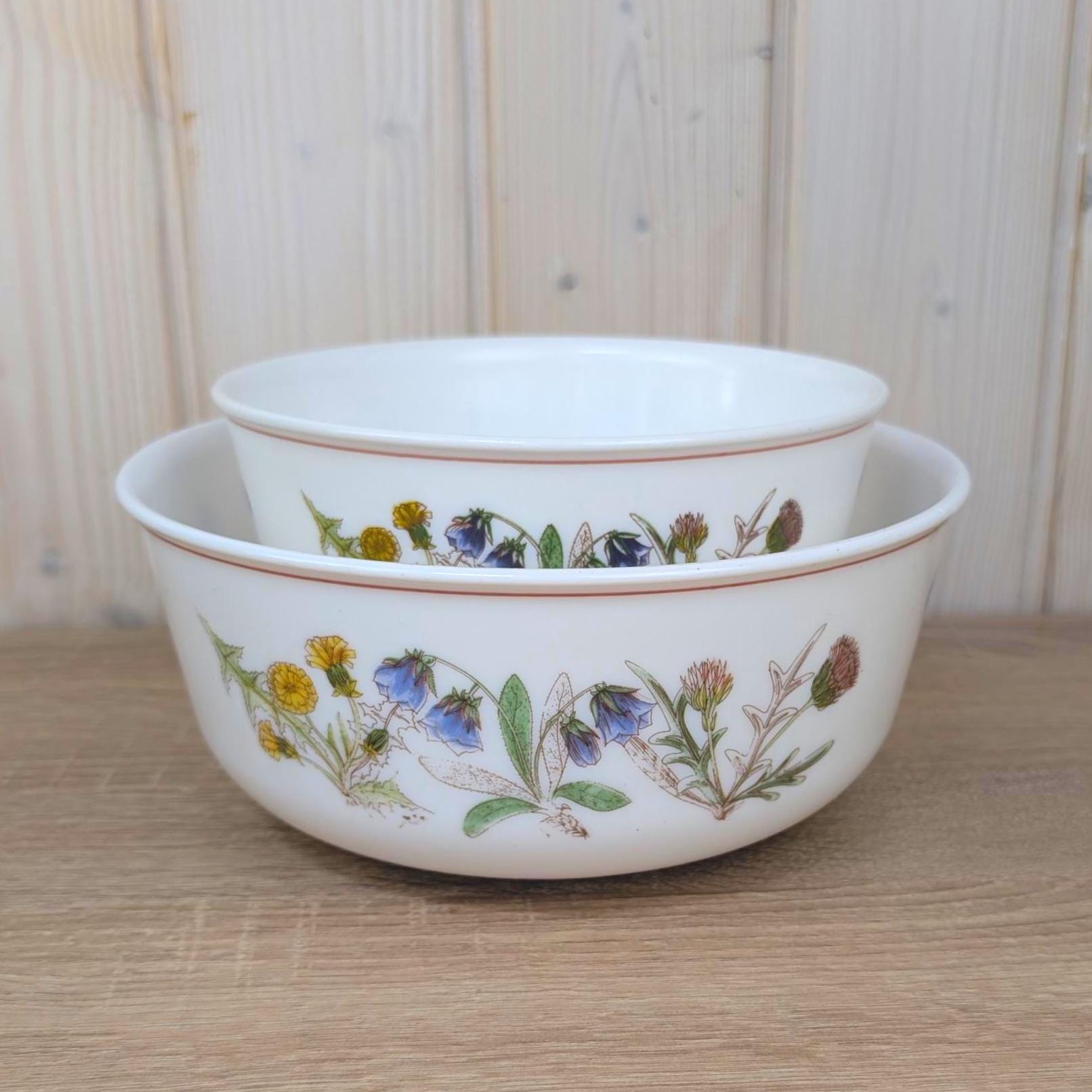 Nesting Bowls, Arcopal France Set of Two, Wildflower Botanical Decor, Opal Glass, 1970s