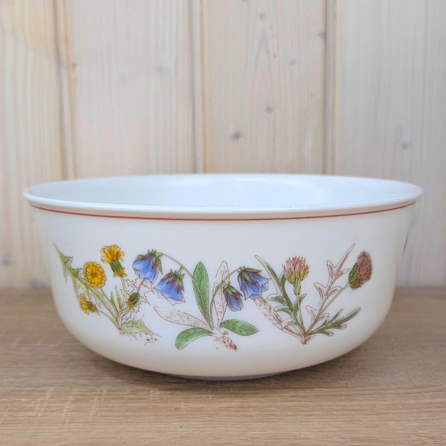 Nesting Bowls, Arcopal France Set of Two, Wildflower Botanical Decor, Opal Glass, 1970s