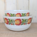 Glass Nesting Bowls, Schott Mainz Jenaer Set of Two, Folk Art Tulip Decor, Opal Glass, 1970s Germany