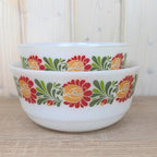 Glass Nesting Bowls, Schott Mainz Jenaer Set of Two, Folk Art Tulip Decor, Opal Glass, 1970s Germany