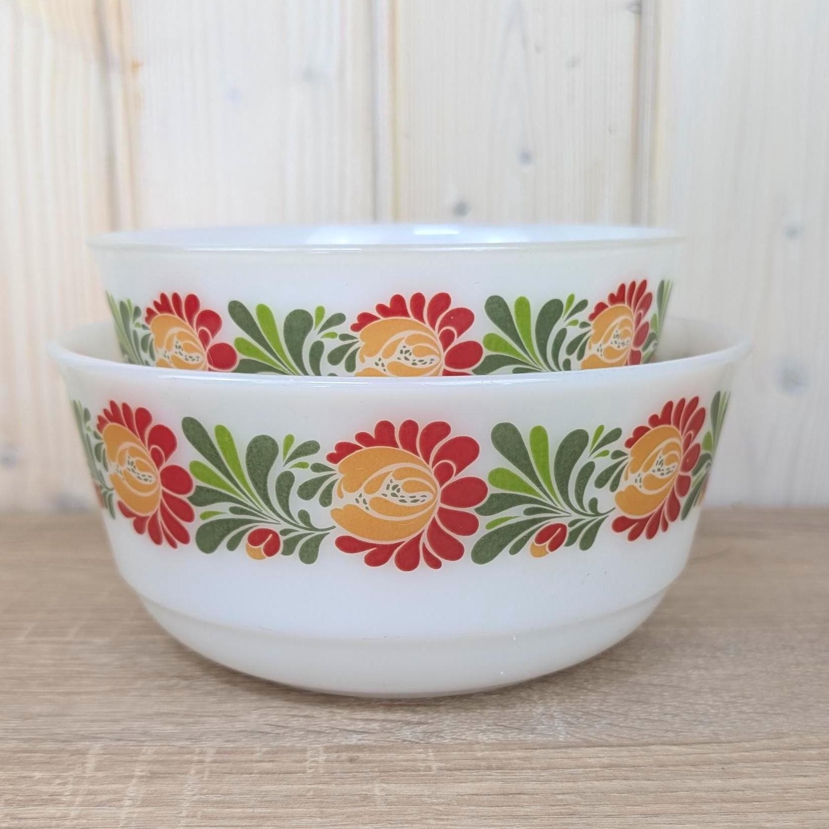 Glass Nesting Bowls, Schott Mainz Jenaer Set of Two, Folk Art Tulip Decor, Opal Glass, 1970s Germany