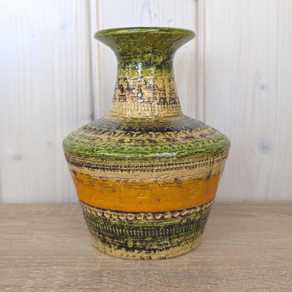 Bitossi Sahara Vase, Cer Paoli, Aldo Londi, Italian Ceramics, Mid Century, 1960s, Green Orange Sgraffito