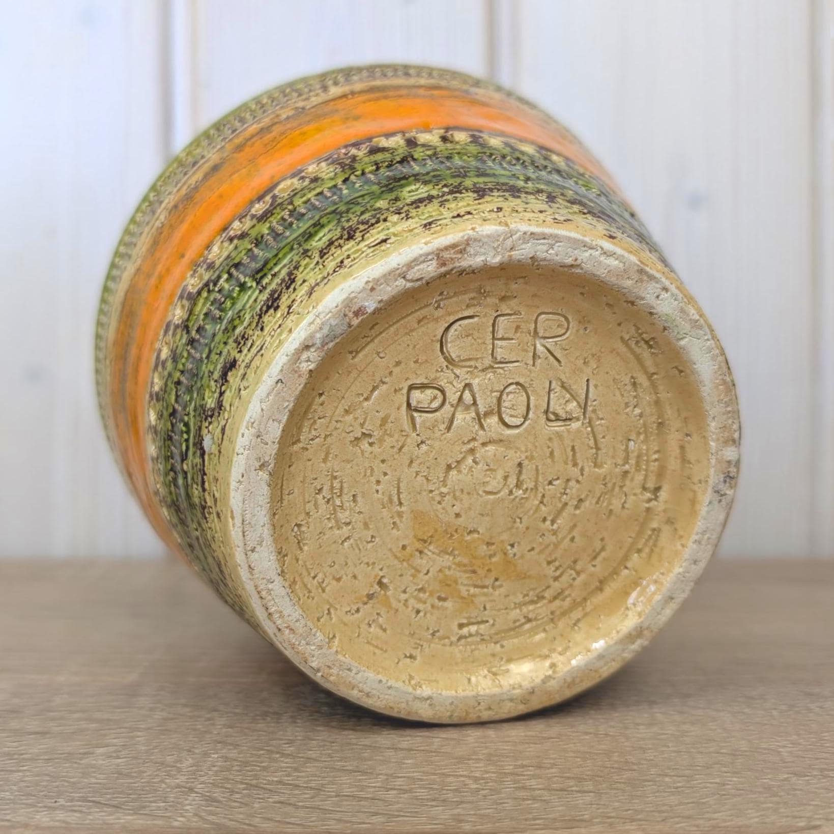 Bitossi Sahara Vase, Cer Paoli, Aldo Londi, Italian Ceramics, Mid Century, 1960s, Green Orange Sgraffito