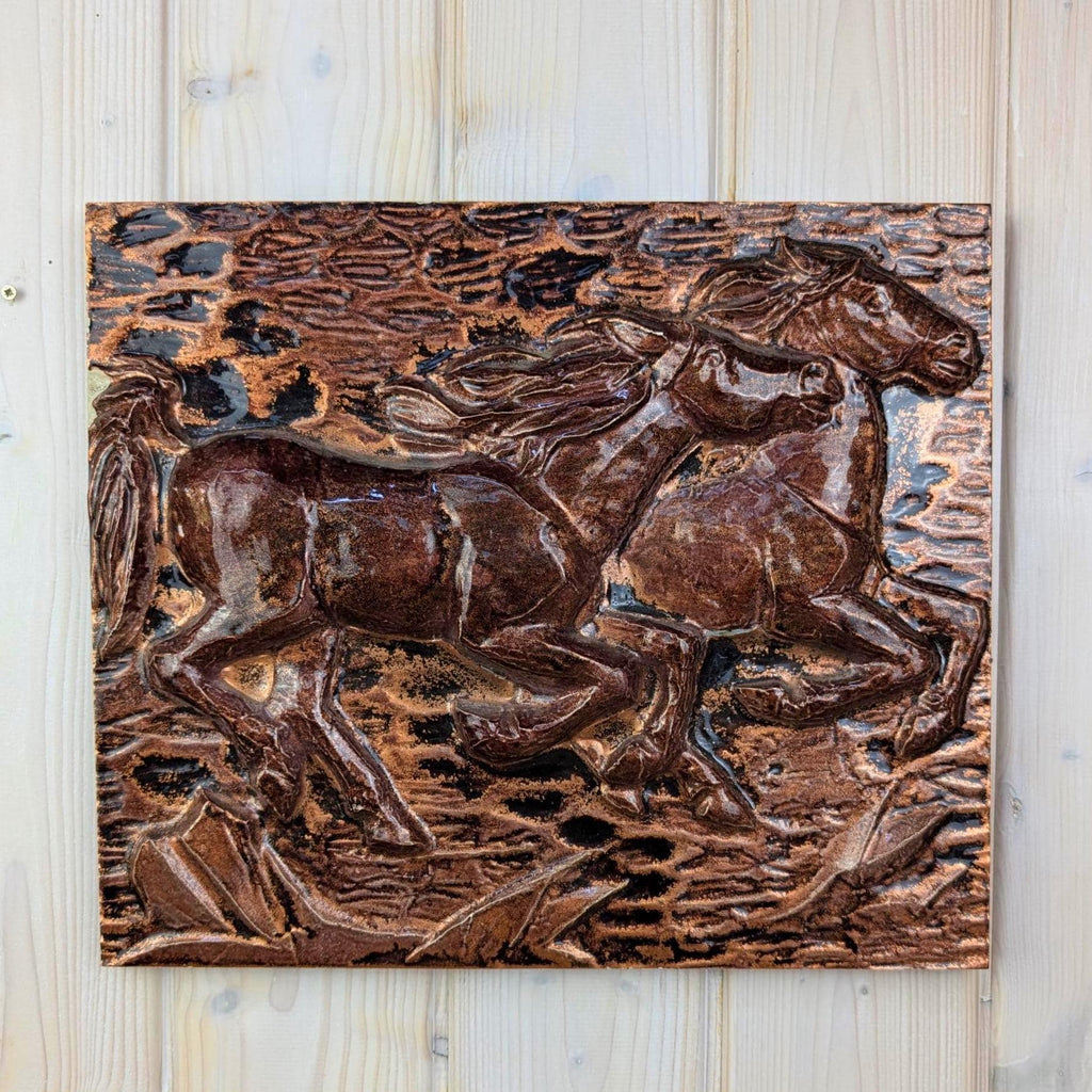 Running Horses, Ceramic Wall Relief Plaque, 1974, studio pottery, copper glaze, wall art
