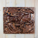 Running Horses, Ceramic Wall Relief Plaque, 1974, studio pottery, copper glaze, wall art