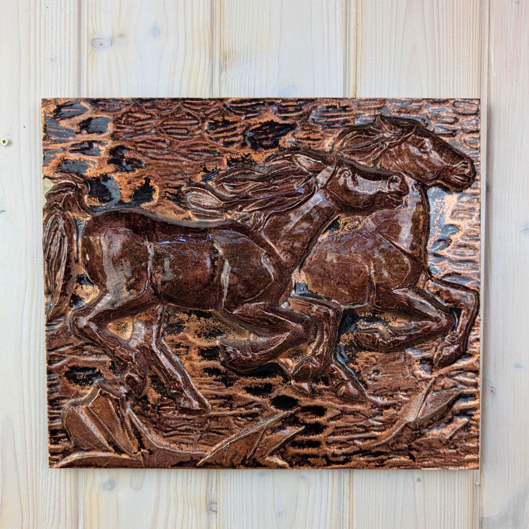 Running Horses, Ceramic Wall Relief Plaque, 1974, studio pottery, copper glaze, wall art