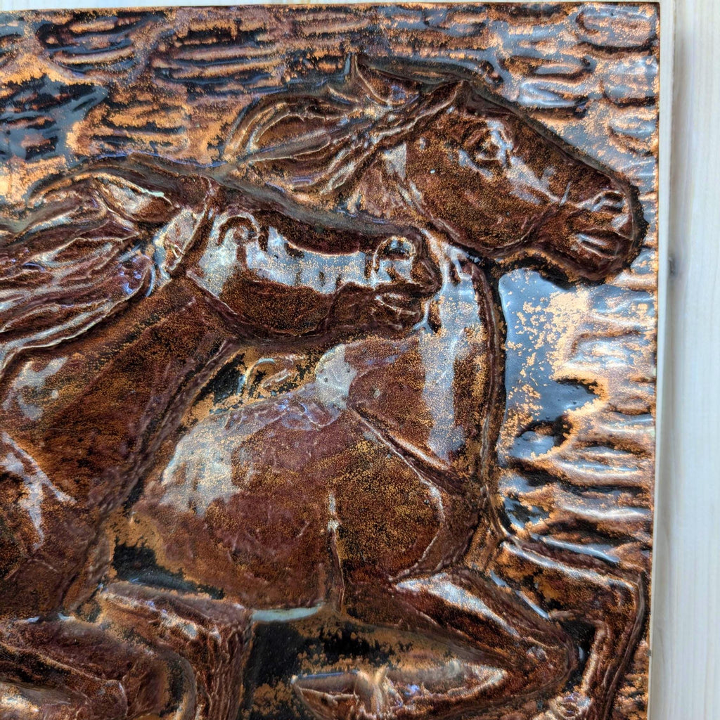 Running Horses, Ceramic Wall Relief Plaque, 1974, studio pottery, copper glaze, wall art