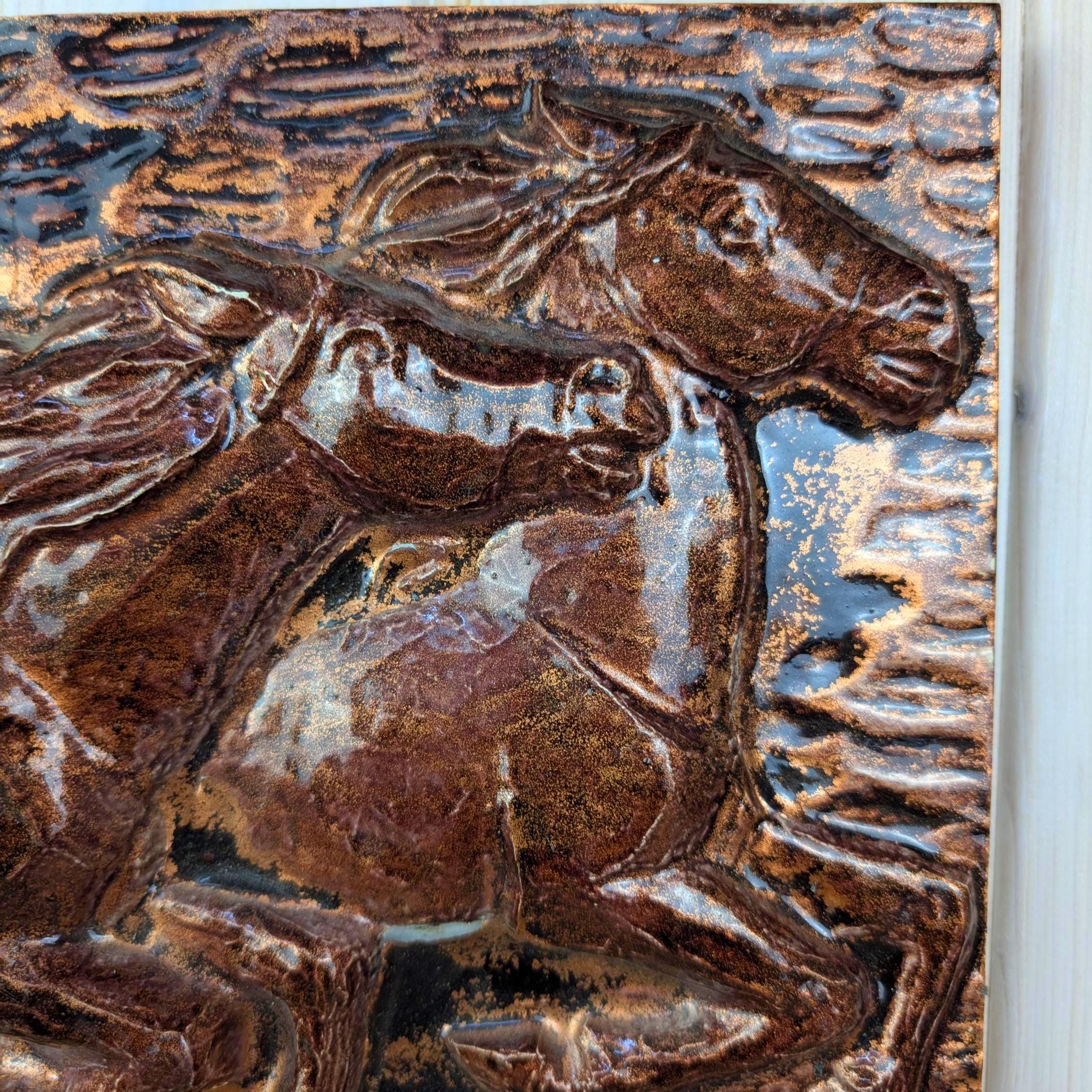 Running Horses, Ceramic Wall Relief Plaque, 1974, studio pottery, copper glaze, wall art