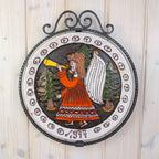 WMF Weihnachtsteller 1977, ceramic Christmas plate, handgemalt, angel, wrought iron frame