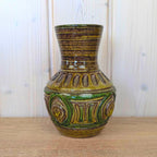 Fratelli Fanciullacci or Pugi Italian ceramic vase, relief decor, 1960s, Montelupo, green brown glaze, studio pottery