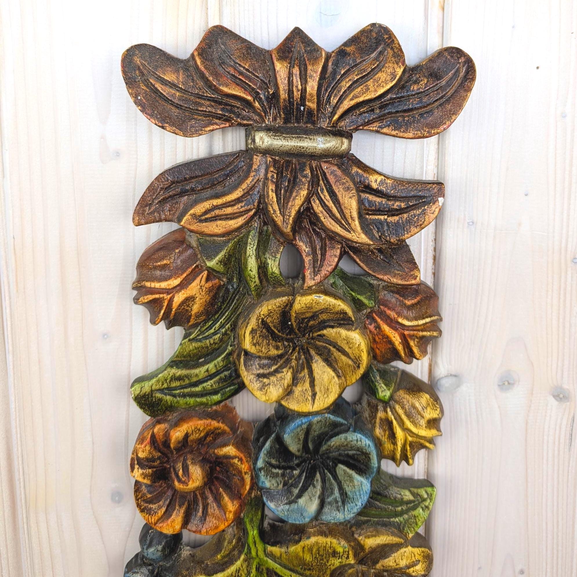 Wood Floral Garland Wall Plaque, Polychrome Painted, 1960s, Flowers Grapes Fruit, Folk Art