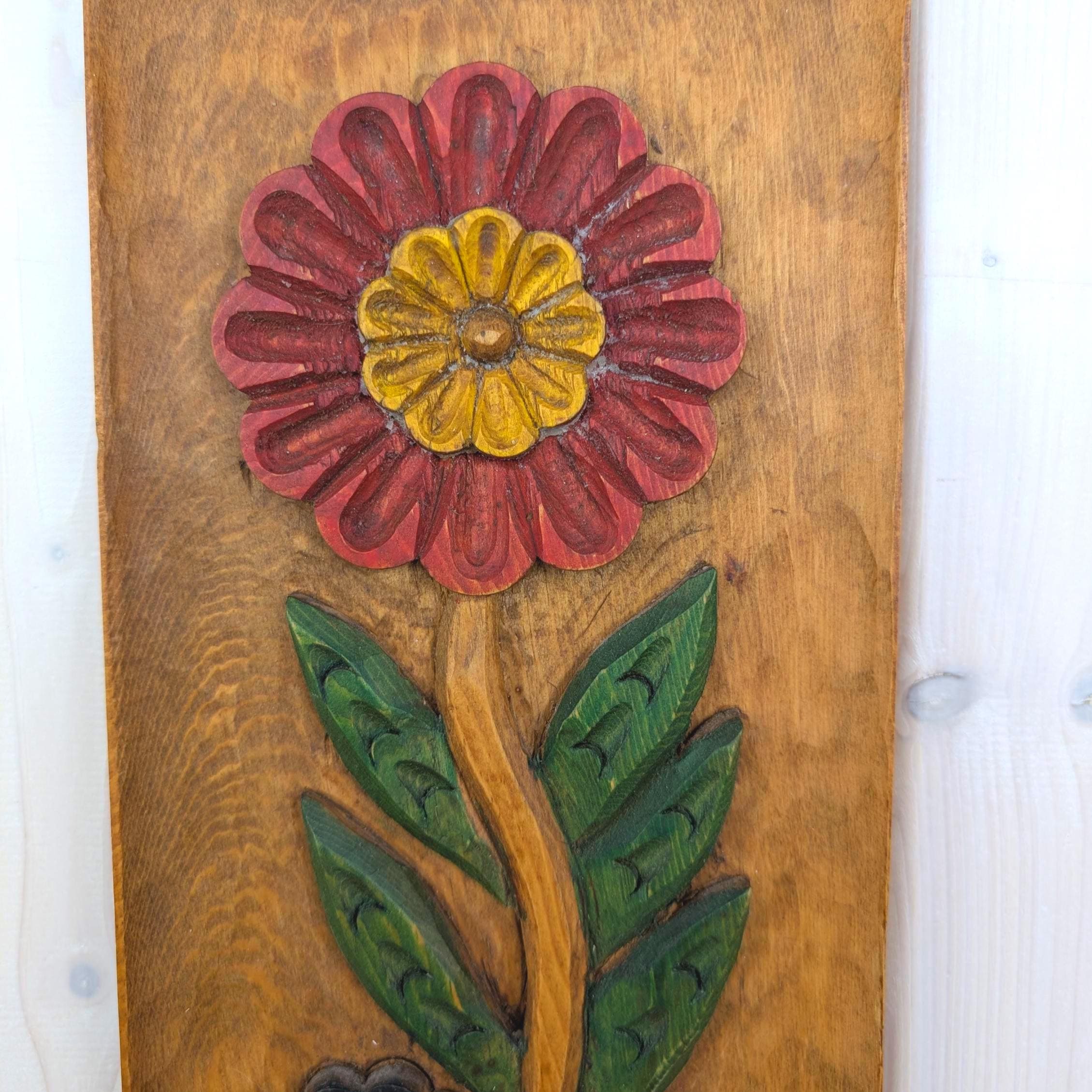 Carved wood floral wall plaque, hand-carved, folk art, 1960s, flowers, painted relief panel