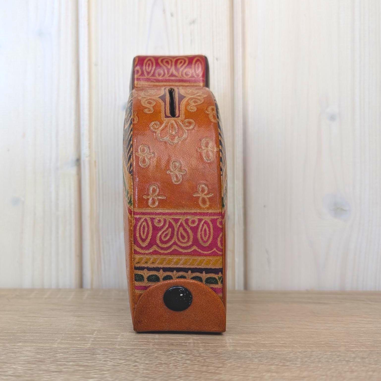 Coin Bank, Leather Cat, Tooled Painted Leather, Folk Art, Piggy Bank, Cat Figurine