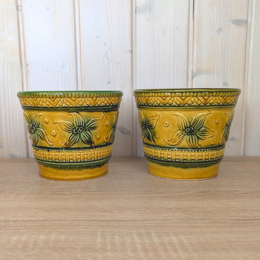 Fohr Keramik planters 184/15, set of 2, West Germany, mustard green, 1960s, flower pot pair