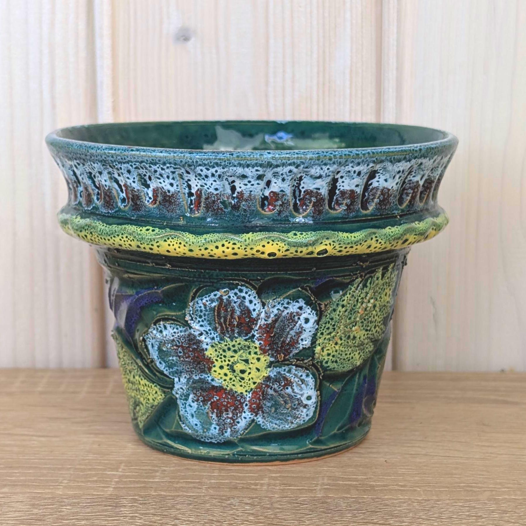 Nuovo Rinascimento Fat Lava Planter, Italian Ceramics, 1970s, Green Lava Glaze, Flower Pot