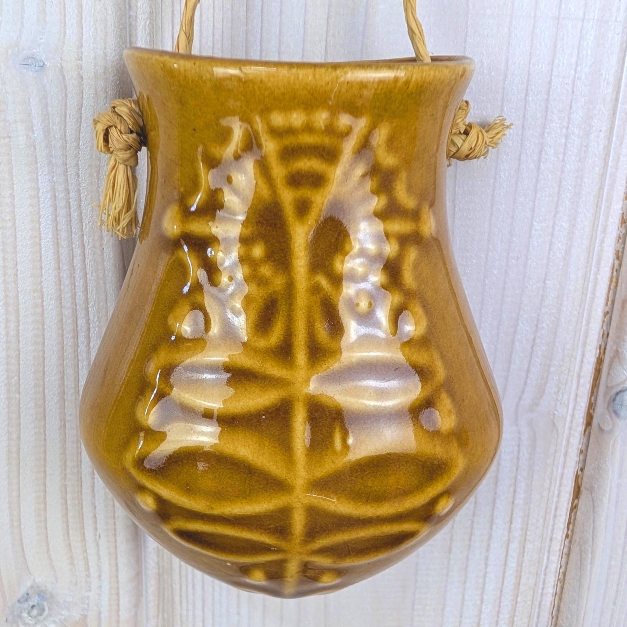 Bay Keramik Wall Vase 336, West Germany, Mustard Yellow, 1960s, Raffia Cord, Hanging Vase