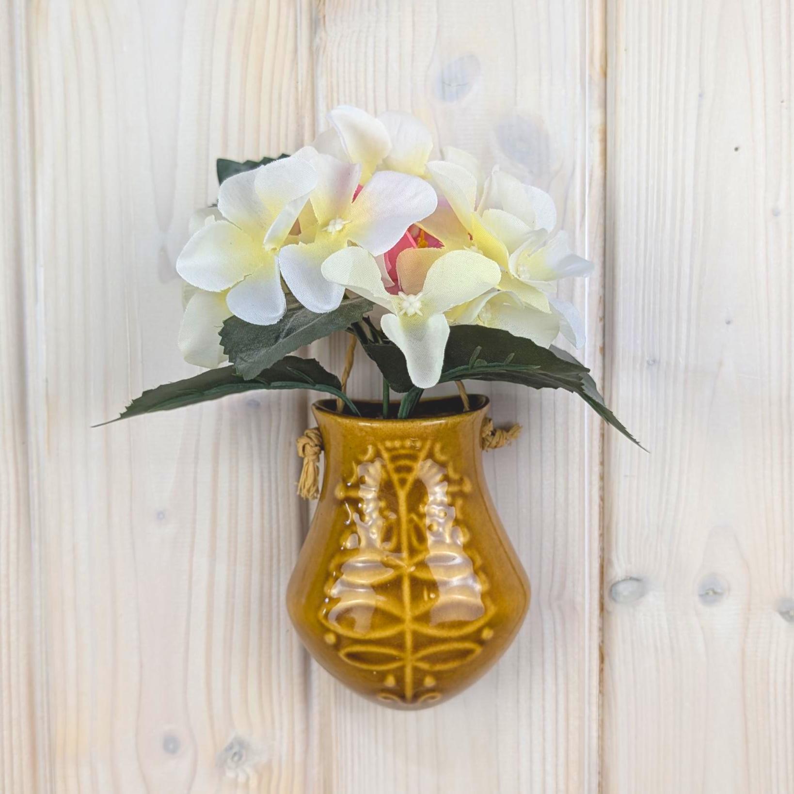 Bay Keramik Wall Vase 336, West Germany, Mustard Yellow, 1960s, Raffia Cord, Hanging Vase