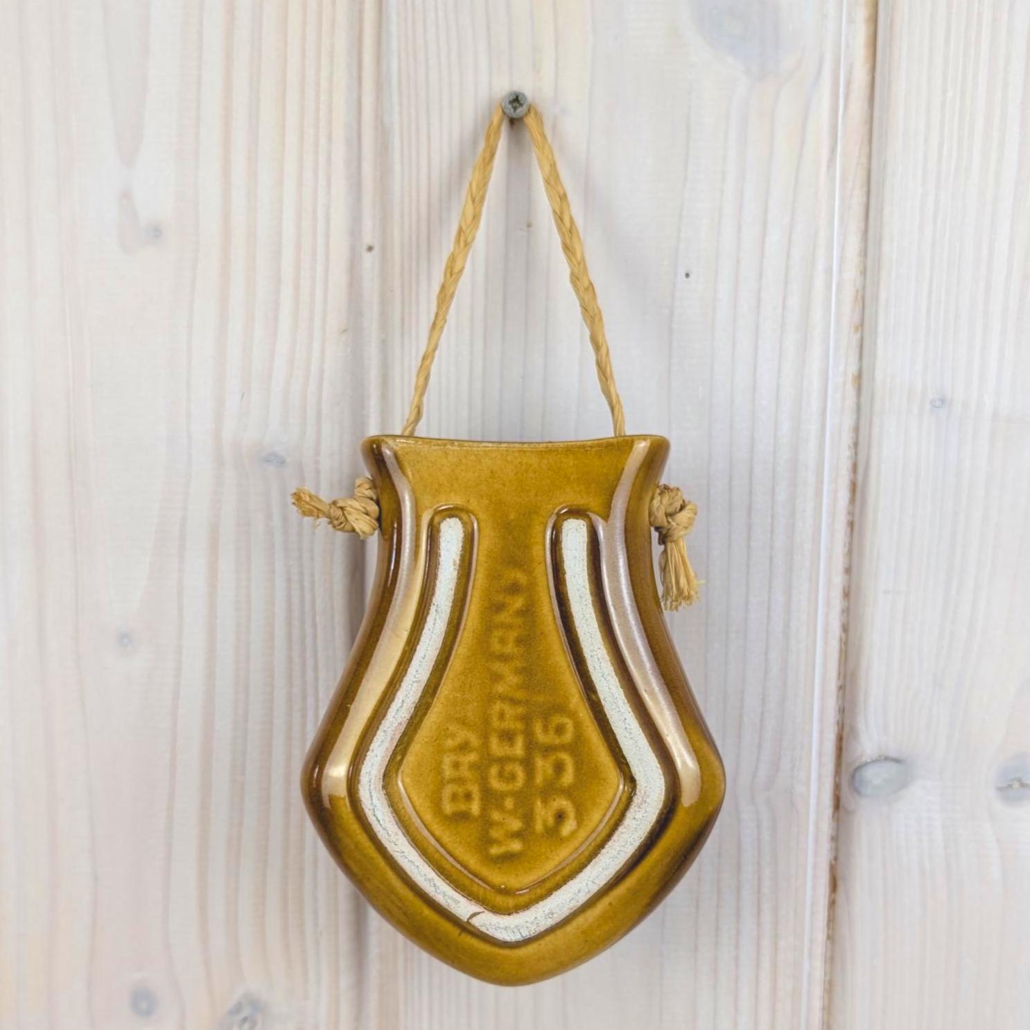 Bay Keramik Wall Vase 336, West Germany, Mustard Yellow, 1960s, Raffia Cord, Hanging Vase