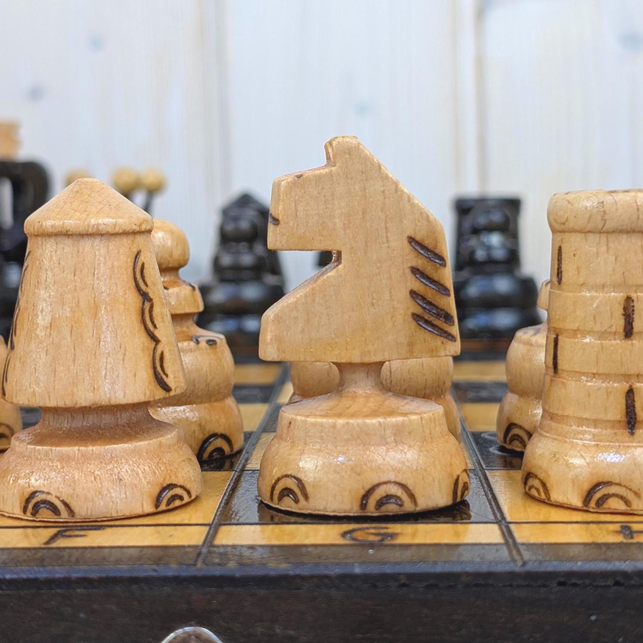 Handmade Wooden Chess Set, Folk Art Carved Pieces, Pyrography Board, Complete 32 Pieces, Storage Box