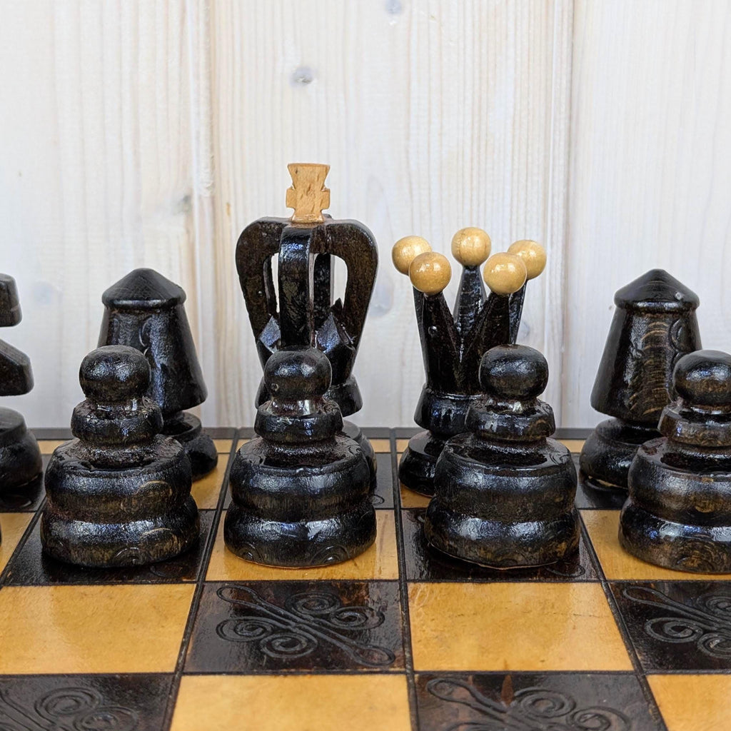 Handmade Wooden Chess Set, Folk Art Carved Pieces, Pyrography Board, Complete 32 Pieces, Storage Box