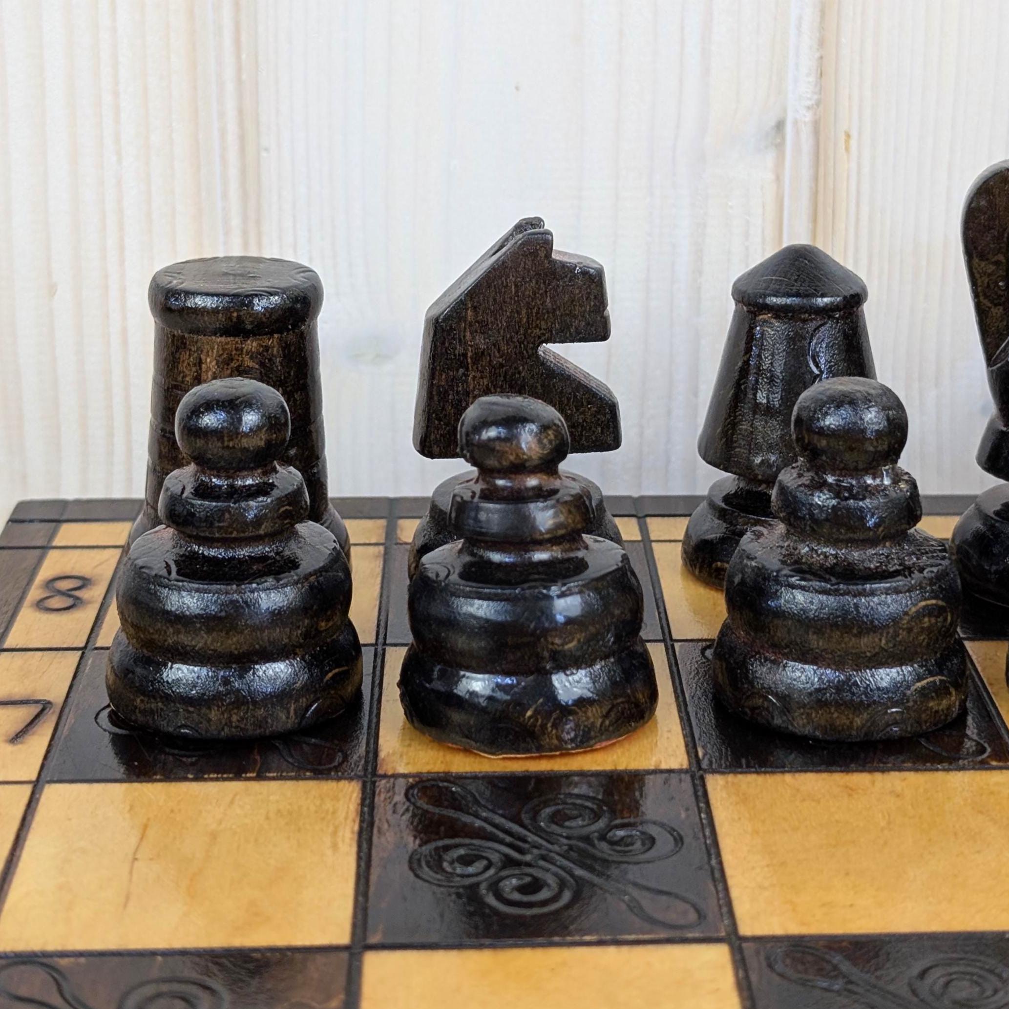 Handmade Wooden Chess Set, Folk Art Carved Pieces, Pyrography Board, Complete 32 Pieces, Storage Box