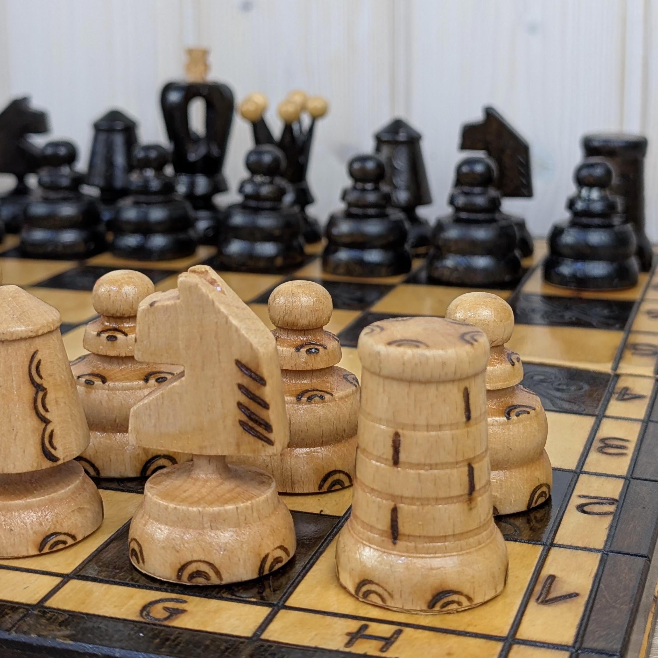 Handmade Wooden Chess Set, Folk Art Carved Pieces, Pyrography Board, Complete 32 Pieces, Storage Box