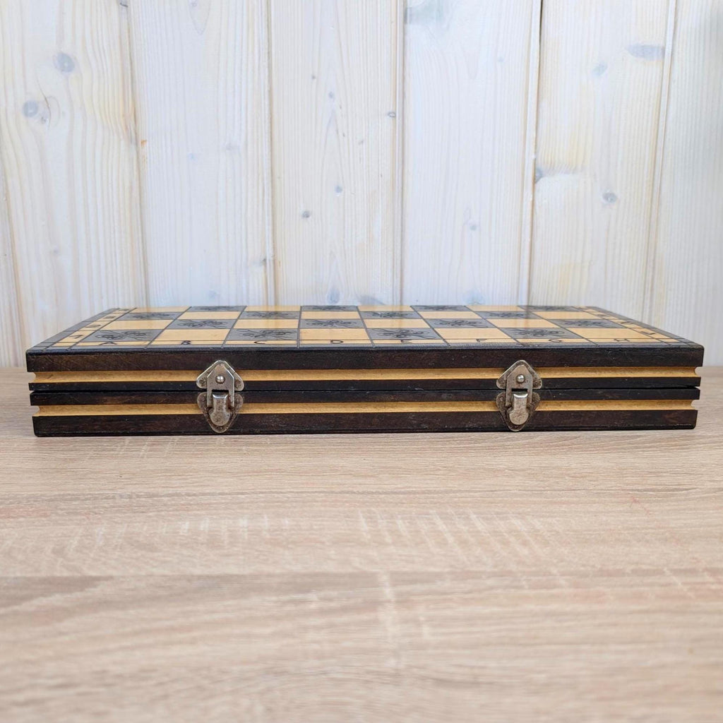 Handmade Wooden Chess Set, Folk Art Carved Pieces, Pyrography Board, Complete 32 Pieces, Storage Box